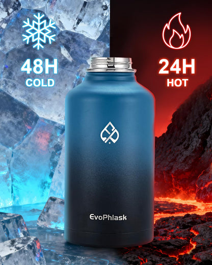 EvoPhlask 64 oz Insulated Water Bottle(Cold for 48Hrs), Large Stainless Steel Water Bottle BPA Free, Leak Proof Half Gallon Water Jug for Sport, Hiking, Camping, Travel, Indigo Black
