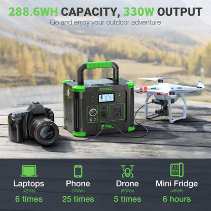 EBL Portable Power Station, 330W 288.6Wh Solar Generator 60W USB-C PD, 5W Wireless Charger, SOS Emergency Light, Multi-Port Power Supply for Outdoor Camping, Home Blackout, RV Travel
