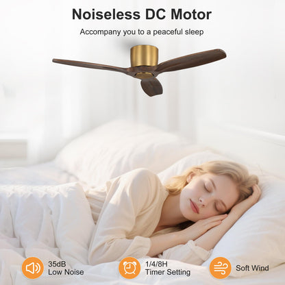 WINGBO 48" Flush Mount Ceiling Fan No Light - 3 Carved Solid Wood Blades, 6-Speed Reversible DC Motor, Dimmable, 3CCT, Low Profile Ceiling Fans without Lights for Bedroom Living Room, Gold and Walnut