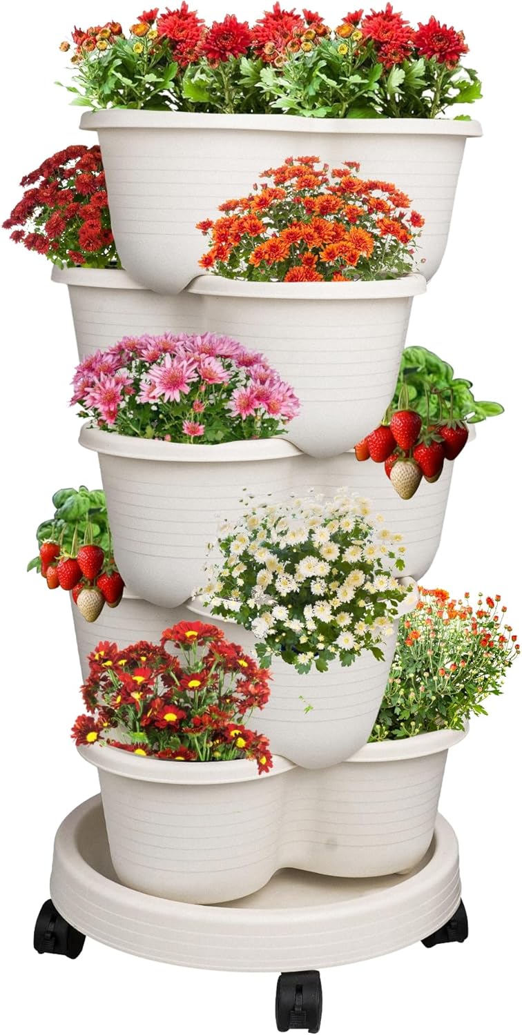 5 Hourleey Strawberry Planter, Tier Stackable Gaden Tower for Flowers, Vegetables, Grow Your Own Herb Garden Vertical