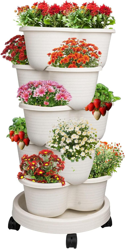 5 Hourleey Strawberry Planter, Tier Stackable Gaden Tower for Flowers, Vegetables, Grow Your Own Herb Garden Vertical