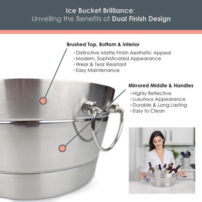 BREKX Stainless Steel Ice Bucket for Parties, Double Wall Insulated Anchored Brushed Drink Tub & Wine Bucket with Double Hinged Handles, Drink Chiller for Parties, 12QT (3 Gallon), 100% Leak Proof