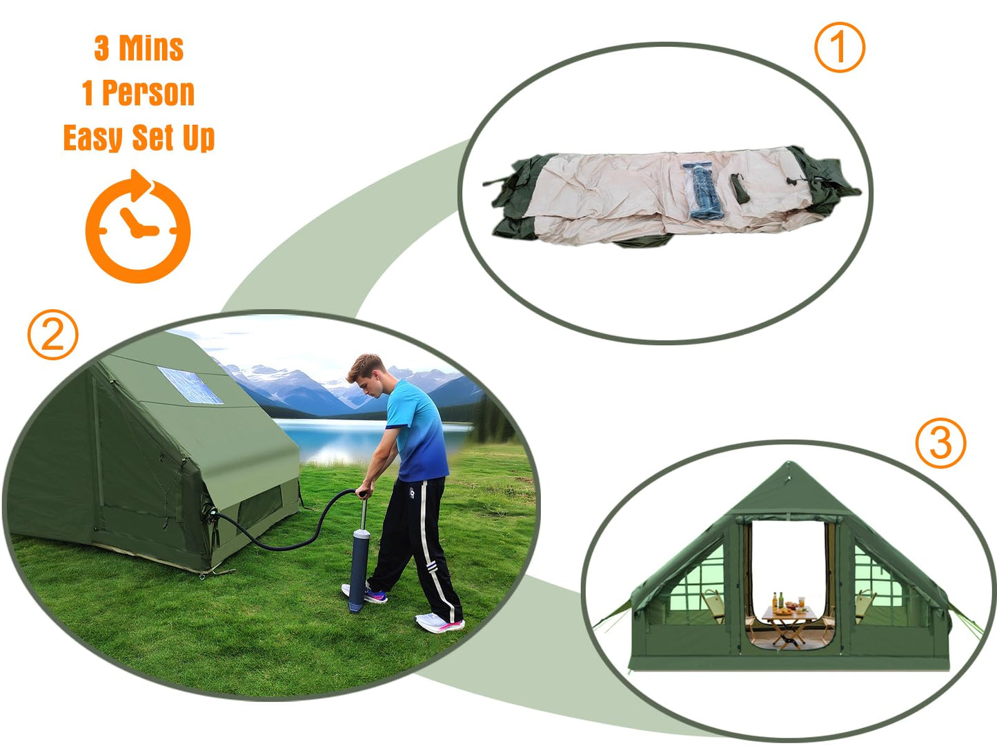 Inflatable Camping Tent, Glamping Blow Up Tent with Hand Pump for All-Season, 3 Mins Easy Setup, Waterproof Tens with Mesh Window for 4-6 Person, Suit for Family, Friend, Camp, Outdoor Gathering