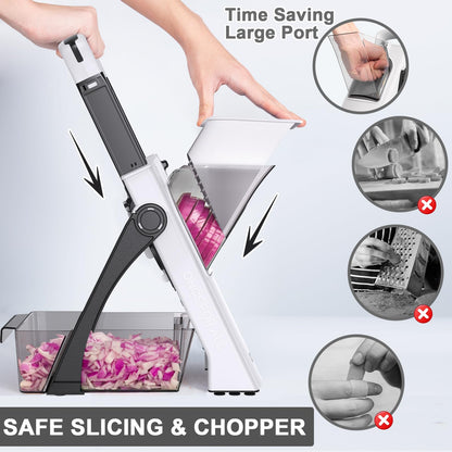 QYKIC Upgrade Safe Mandoline Slicer for Kitchen, Vegetable Chopper and Slicer, Potato Slicer Thickness Adjuster, French Fry Cutter, Veggie Onion Dicer Faster Kitchen Mandolin for Meal Prep