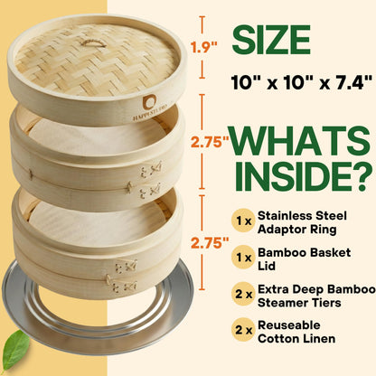 HAPPI STUDIO Bamboo Steamer Basket Set - 10 Inch Large Dumpling 2 Tier for Pots - Asian Cooking Dim Sum Bao Buns Momo Rice - Natural Chinese Steam Baskets Kit with Stainless Steel Ring (10-inch Extra Deep Bamboo Steamer w/ Ring)