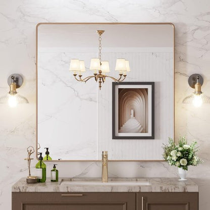 LOAAO Gold Bathroom Mirror - 36”X36” Rounded Rectangle Design, Anti-Rust Tempered Glass, Wall-Mounted