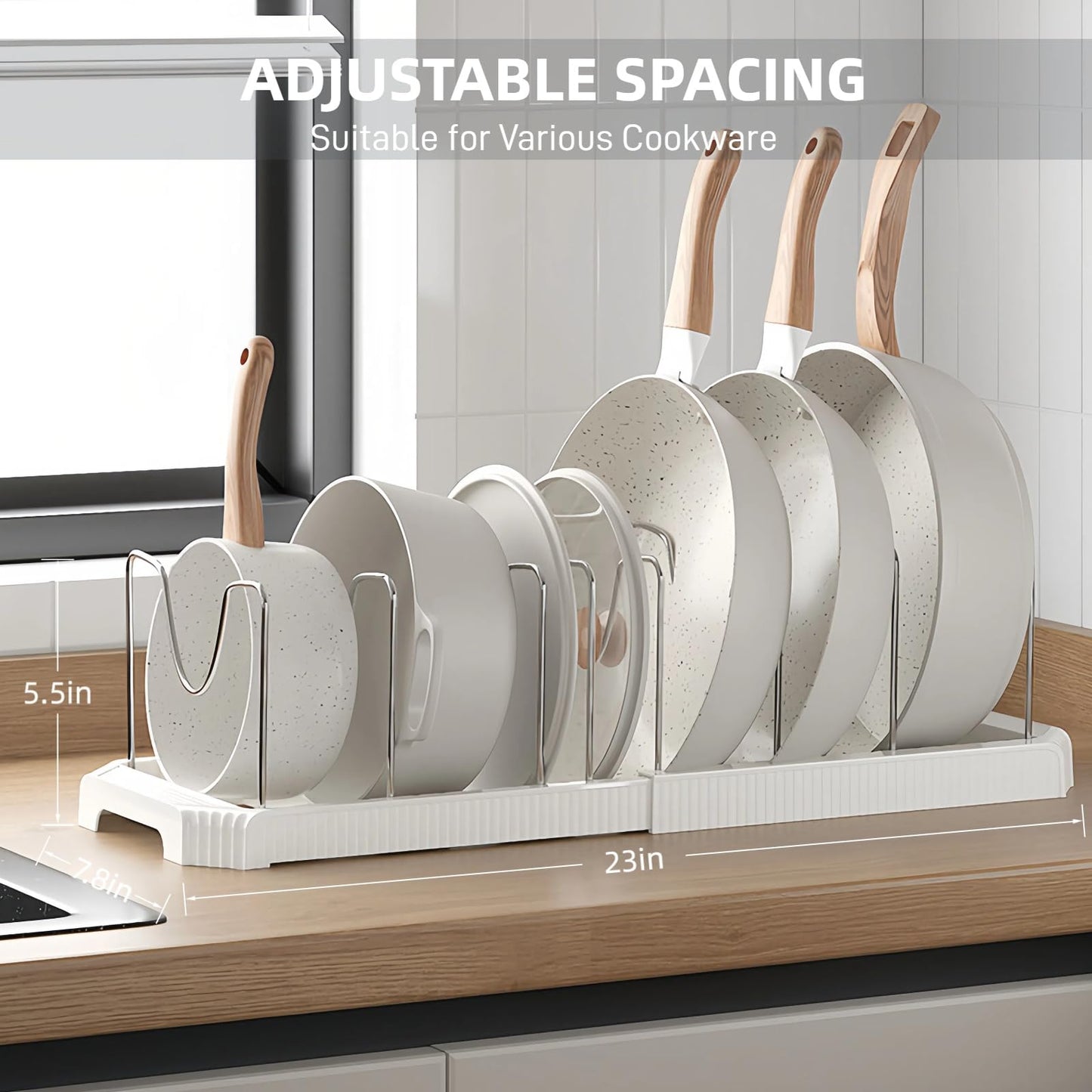 Silanit Expandable Pot and Pan Organizer Rack for Kitchen Cabinet or Under Sink, Adjustable Lid Holder with 7 Dividers, Space-Saving Storage for Renters, Small Homes, and Busy Cooks, White