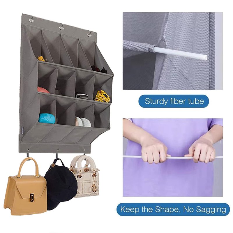 NELLHOMY Over the Door Shoe Organizer, Grey 12 Pockets Hanging Shoe Storage Rack with Large Deep Pockets, Oxford 600D Fabric Shoe Storage Rack with 6 hook for Shoes, Home Accessories etc