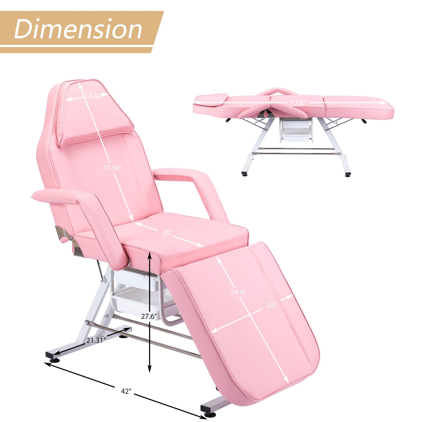 Dekitormi Massage Salon Tattoo Chair with Two Trays, 3-Section Facial Bed Table with Hydraulic Stool, Pink Adjustable Beauty Barber Spa Chair, Esthetician Bed for Massage, Facial, Waxing