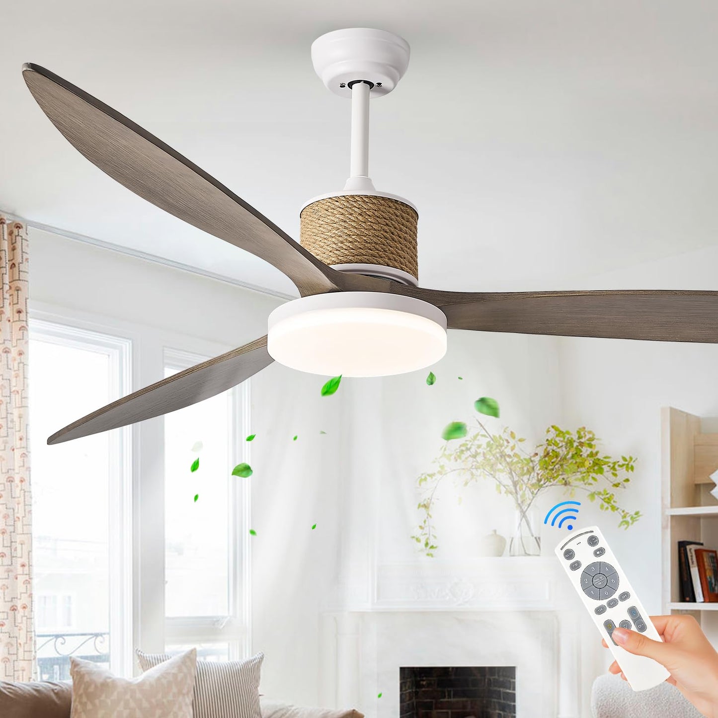 FookChak 72in Large Boho White Ceiling Fan Lights with Remote Control 42W LED Coastal Ceiling Fan with Lights 3 Blade Weathered Wood Ceiling Fans Outdoor Farmhouse for Patio Living Room Kitchen