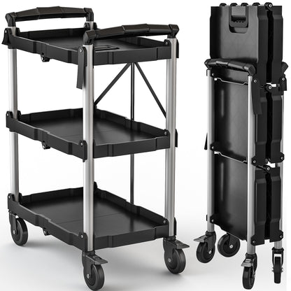 DWVO 3-Tier Folding Utility Cart, Foldable Service Cart Heavy Duty Collapsible Rolling Cart with 360° Swivel Wheels and Brake, 350LBS Load Capacity Portable Utility Cart for Kitchen, Warehouse, Garage