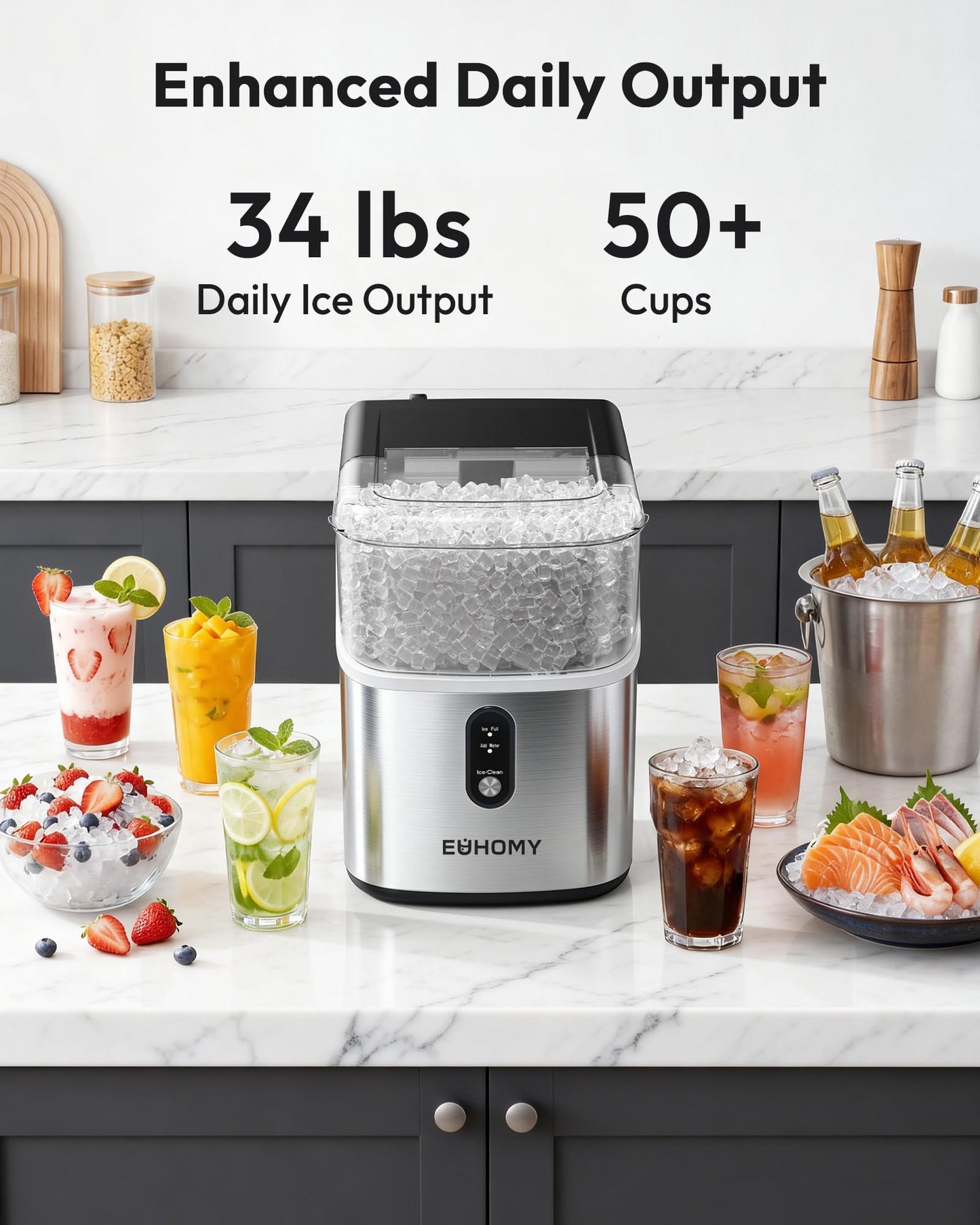 EUHOMY Nugget Ice Maker Countertop, Ready in 7 Mins, 34Lbs/24H Pebble Ice Maker Machine, Self-Cleaning Countertop Sonic Ice Makers with Ice Scoop&Basket, Pellet Ice Maker for Home, Stainless Steel