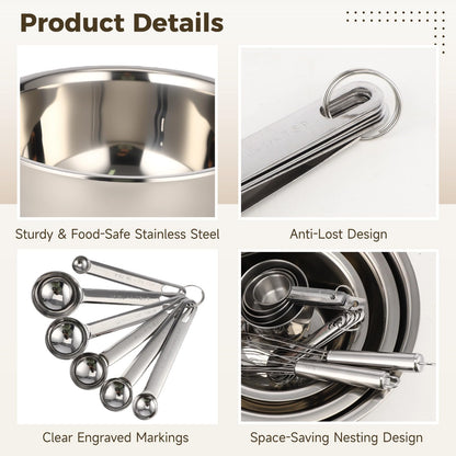 17 PCS Stainless Steel Mixing Bowls Set, Includes 3 Sizes Containers, 12 Measuring Tools, 10 in Whisk, Plastic Egg Separator, Essential Kitchen Utensil Set for Cooking, Baking, Meal Prep
