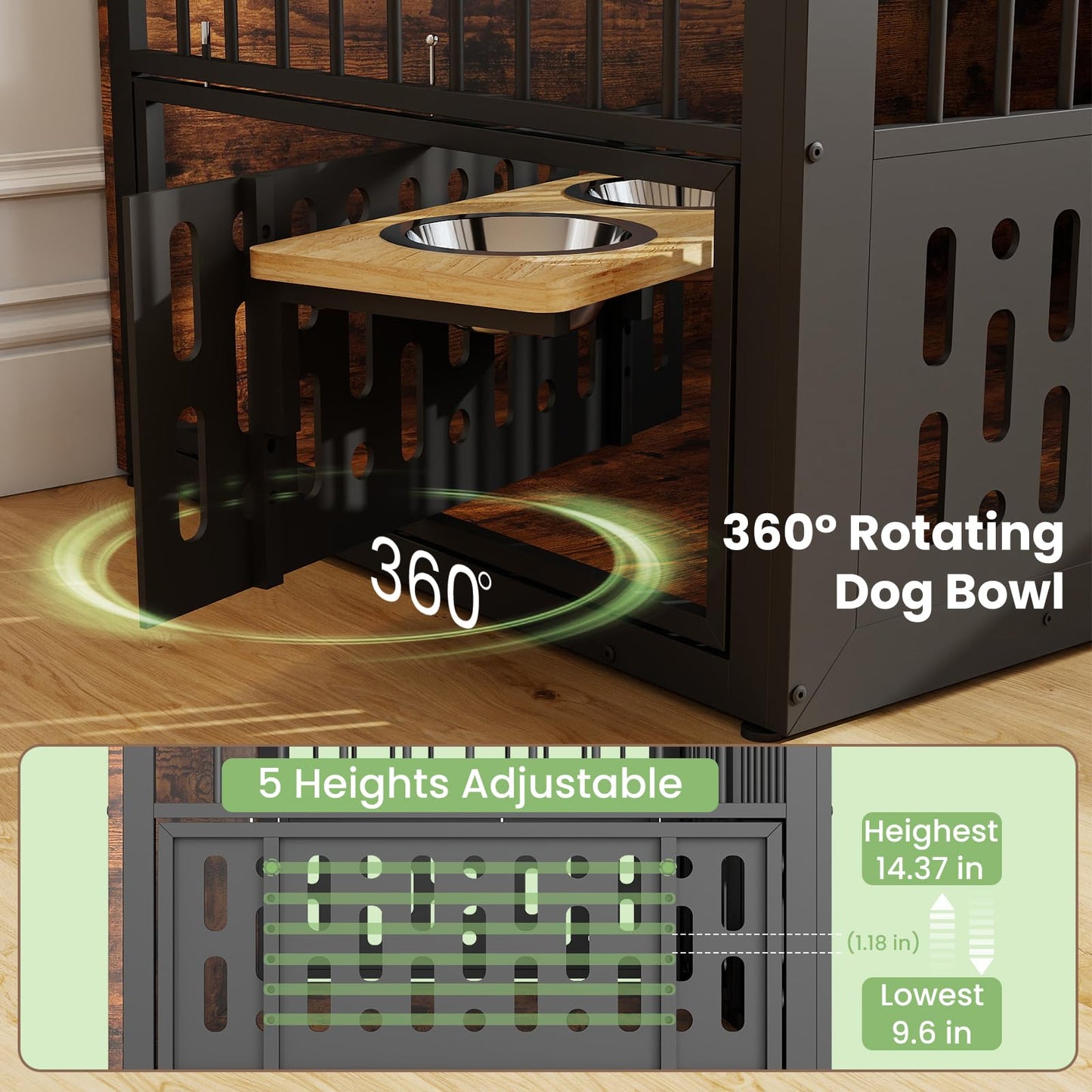 Yafylly 48 Inch XXL Dog Crate Furniture, Wooden Chewproof Dog Kennel with Interactive Window, 360° Adjustable Bowls (5 Heights), Storage Table Top, Heavy Duty XL Dog Crate for Medium Large Dogs, Brown