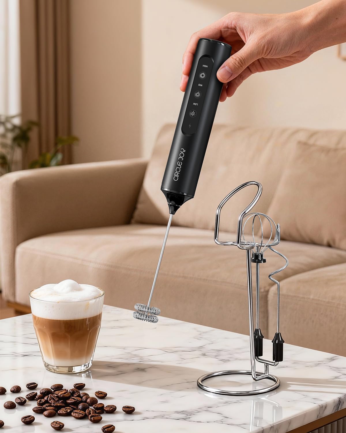 CIRCLE JOY Rechargeable Handheld Milk Frother Wand with Stand, 3 Variable Speeds, 3 Whisks and Storage Box, Electric Drink Mixer for Latte, Cappuccino, Hot Chocolate, Eggs and Protein Powder, Black