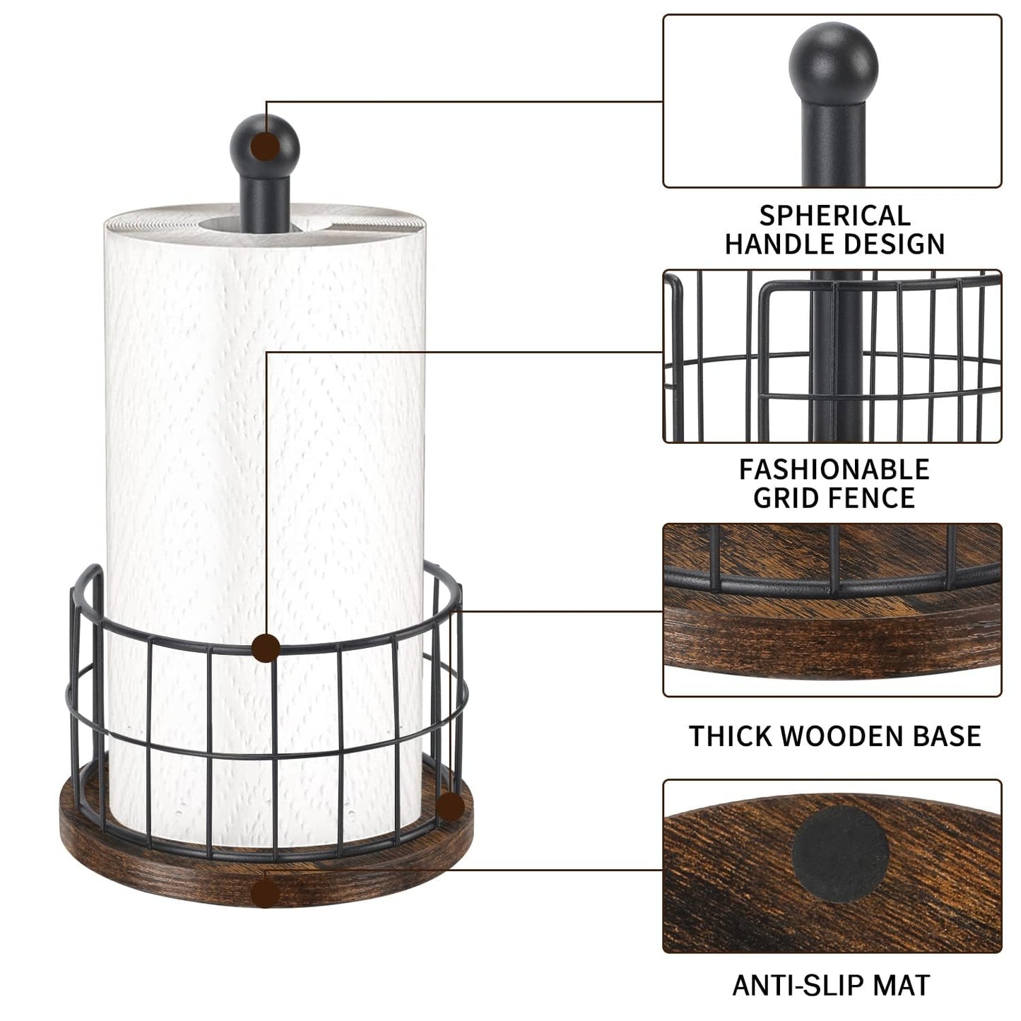 YINMIT Wood Paper Towel Holder Countertop, Farmhouse Paper Towel Holder with Heavy Duty Base, Wooden Paper Towel Holders, Paper Towel Holders for Kitchen, Fits Standard and Large Size Rolls