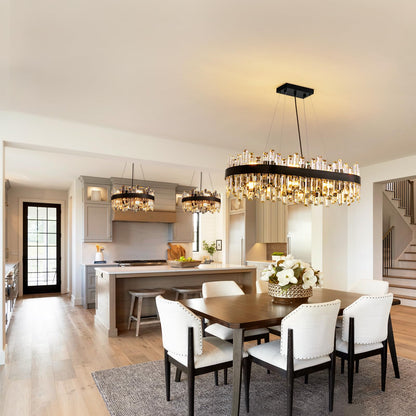 Siljoy Modern Crystal Chandelier, 16-Light Black Rectangular 2-Tiers K9 Crystal Raindrop Chandelier, Farmhouse Crystal Ceiling Light Fixture for Living Dining Room Kitchen Island L35.4 Inch