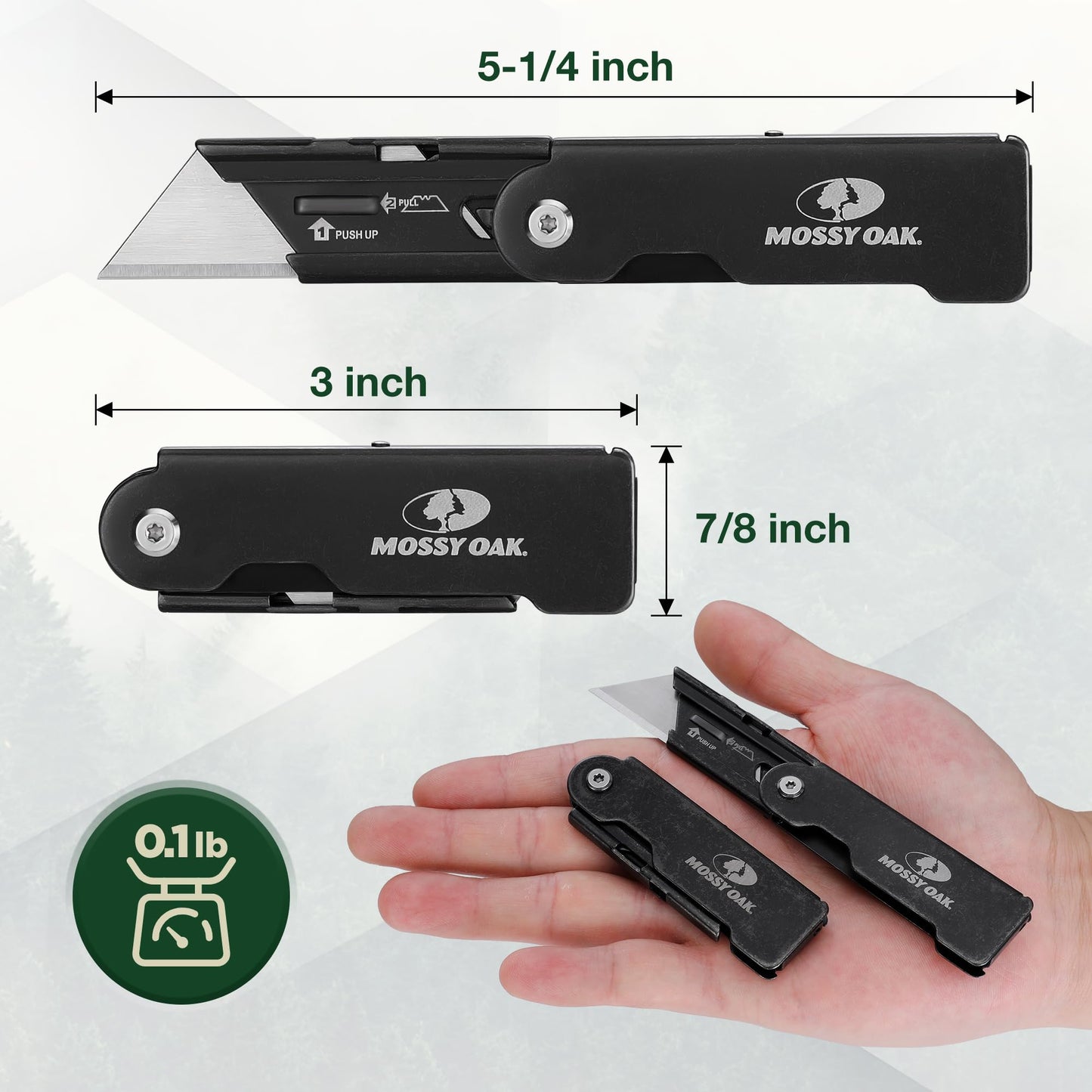 MOSSY OAK 2-pack Folding Pocket Utility Knife Set, Quick Change Box Cutter with Frame Lock, EDC Foldable Razor Knife with Belt Clip, Stone Washed