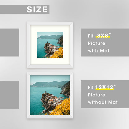 Frametory 12x12 White Picture Frame, Display Pictures 8x8 with Mat or 12 by 12 Without Mat, Square Wall Frame for Print and Diamond Painting - Wide Molding (12x12, White)