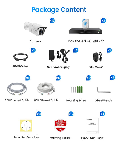 ZOSI 32CH 4K PoE Security Camera System, 12pcs 8MP Outdoor Indoor Cameras with Audio, Person/Vehicle Detection, Dual Disk Backup, H.265+ 16Port 32-Channel NVR with 4TB HDD for Business 24/7 Recording