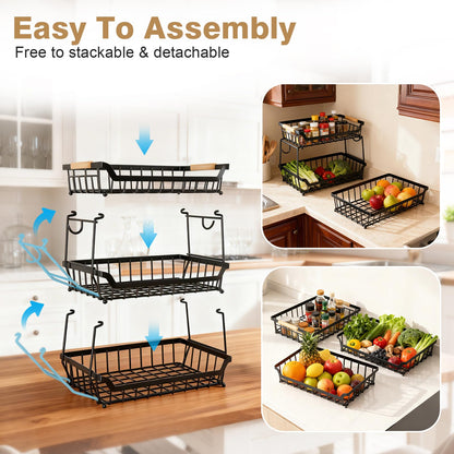 3 Tier Fruit Basket for Kitchen Counter with 2 Banana Hangers, Countertop Metal Fruit Bowl with Wooden Handle, Large Capacity Metal Wire Fruits Stand Organizer for Fruits Vegetables Breads Coffee Can