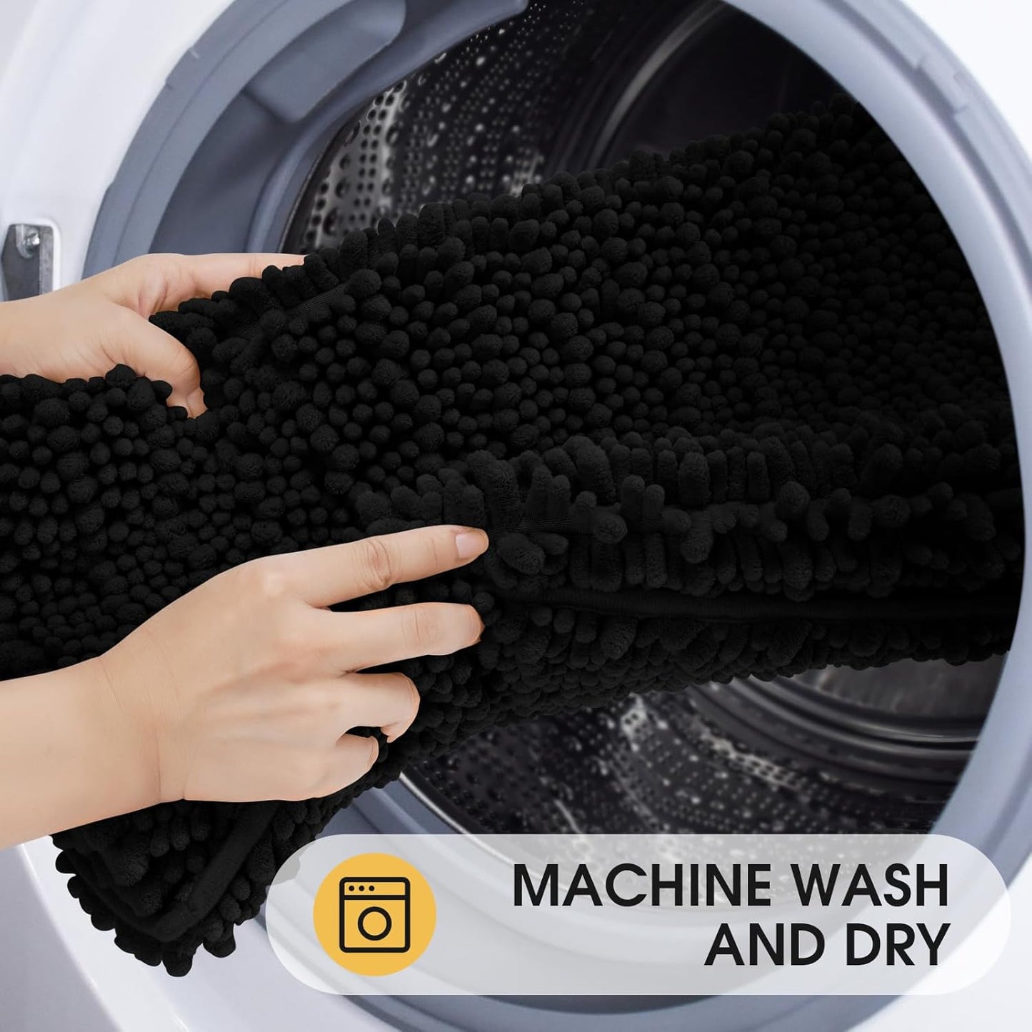 Upgrade Luxury Black Bathroom Rug Mat, 17"x47.5", Ultra Soft Thick Absorbent Non-Slip Chenille