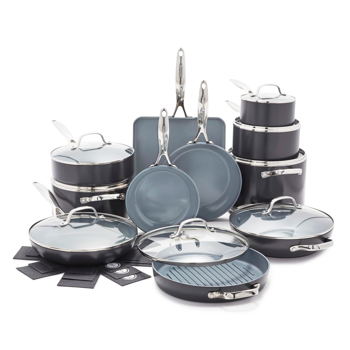 GreenPan Valencia Pro Ceramic Nonstick 22 Piece Cookware Set, Hard Anodized PFAS-Free Pots & Pans, Induction Ready, Compatible on All Cooktops, Dishwasher Safe, Oven Safe to 600F, Gray
