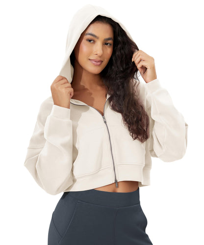 ODODOS Women's Modal Soft Full-Zip Cropped Hoodies with Pockets Long Sleeve Crop Casual Sweatshirts, Ivory, Medium