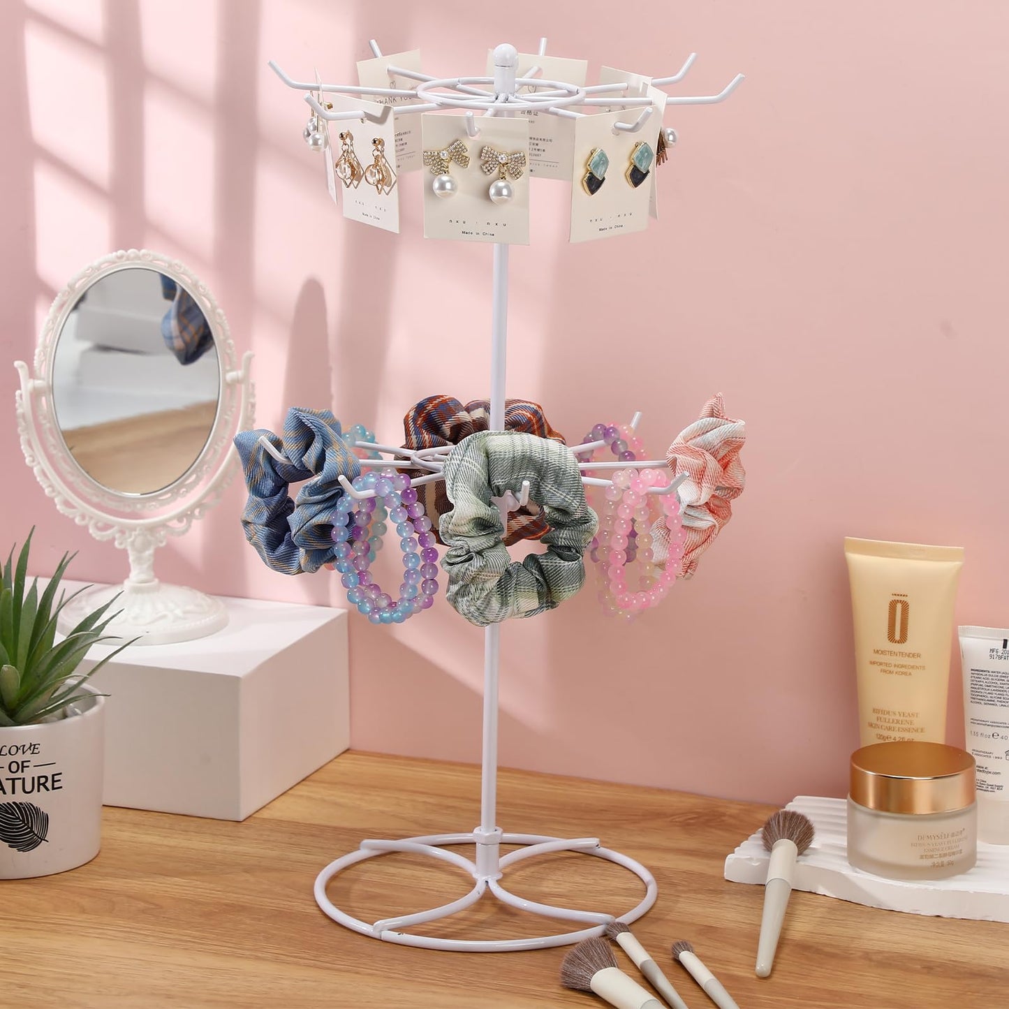 Tandefio 2 Pcs Rotating Bracelet Display Stand Jewelry Rack Metal Adjustable Display Holder with Hooks Organizer for Necklace (White,2 Tier)