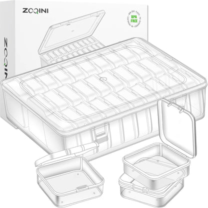 ZOQINI Bead Organizer and Storage Box, 30Pcs Small Clear Plastic Storage Containers 1 Large Craft Organizer Box 1 Sheet Label Sticker, Mini Storage Box for Jewelry Making Diamonds Arts Screws Seeds