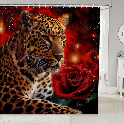 Rose Cheetah Shower Curtain, Leopard Print Bath Curtain 72 Long, Romantic Red Flowers Waterproof Bathroom Decor for Kids