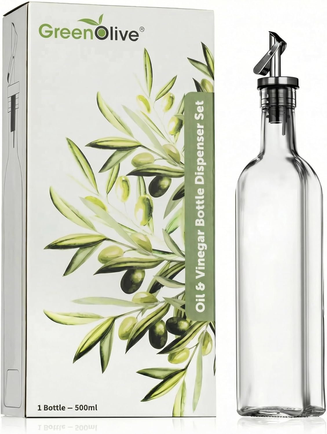 17 oz. GREENOLIVE Olive Oil Dispenser Bottle - Clear Glass Bottle with No-Drip BPA-Free Spout - Ideal for Kitchen