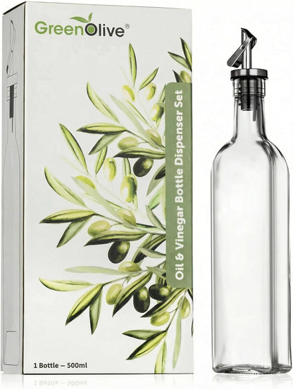 17 oz. GREENOLIVE Olive Oil Dispenser Bottle - Clear Glass Bottle with No-Drip BPA-Free Spout - Ideal for Kitchen