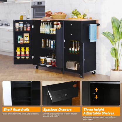 HLR Kitchen Island with Storage, Black Rolling Kitchen Island on Wheels with Drop-Leaf Bar Countertop, Island Table for Kitchen with Side Open Spice Rack and Tower Rack, Extra Storage for Kitchen