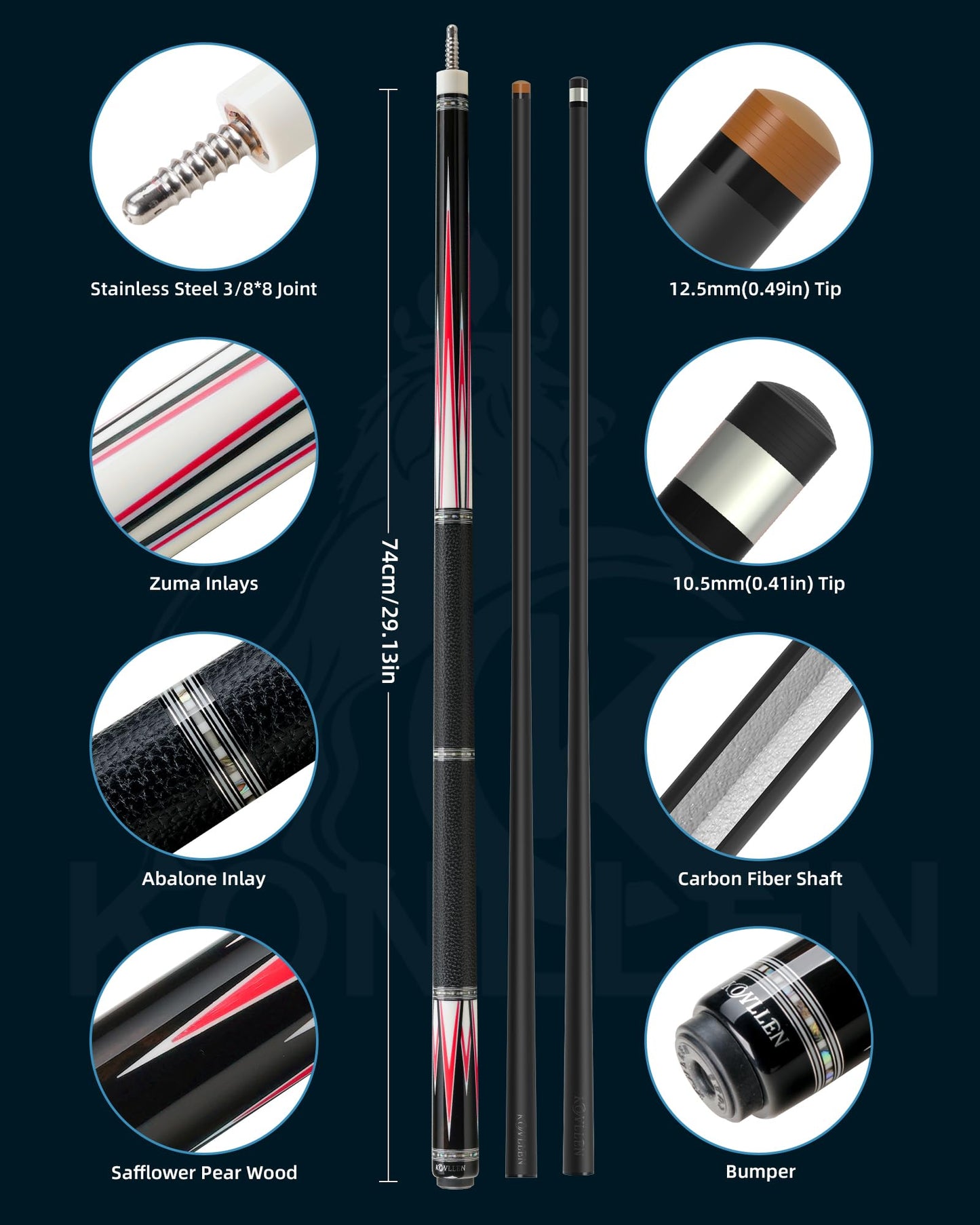 KONLLEN Handcrafted Inlay Carbon Fiber Pool Cue – Low Deflection Performance Billiard Cue