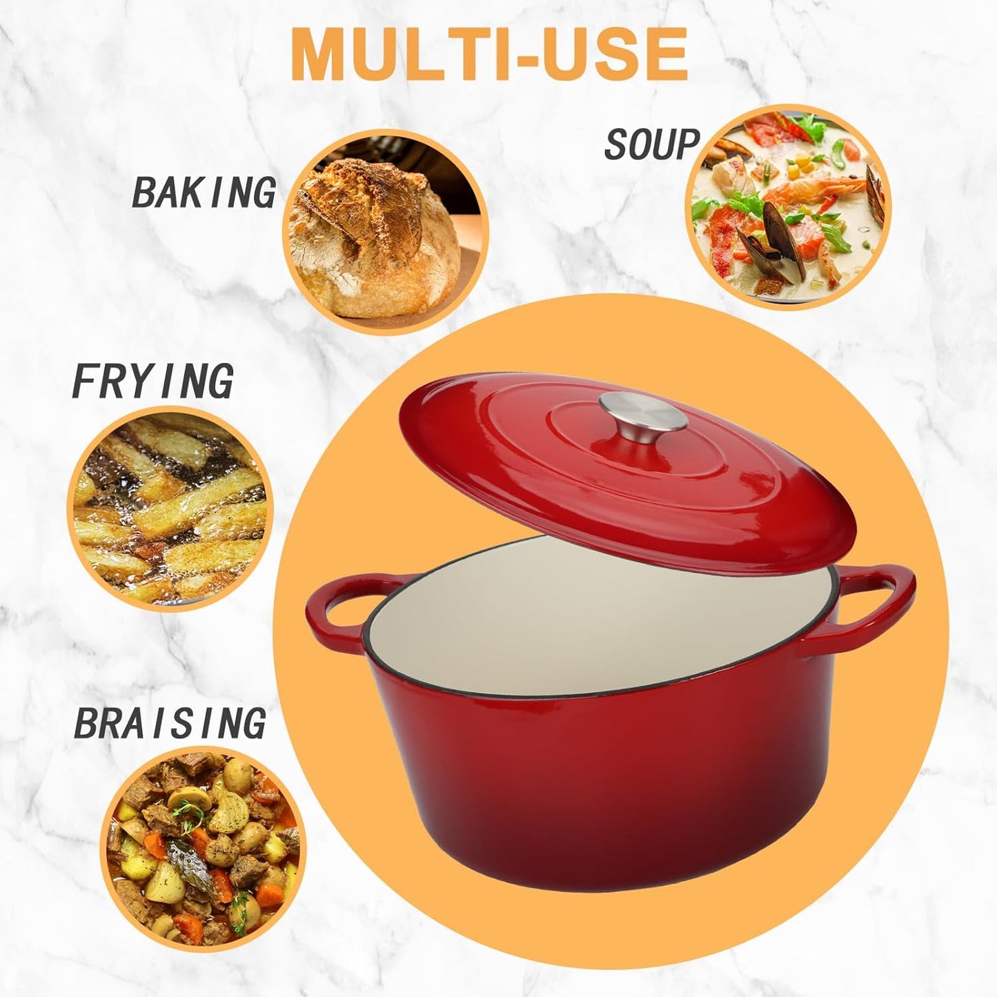 Enameled Cast Iron Dutch Oven Casserole with Lid - 5.5 Quart, Oven Safe up to 500°F, Heavy-Duty Cookware