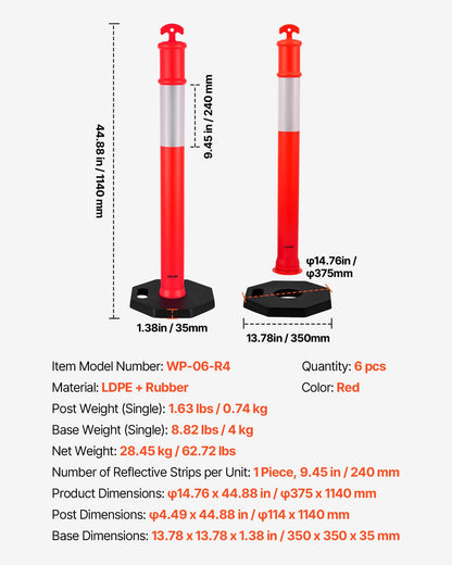 VEVOR 6 Pack Traffic Delineator Posts, 45 inches Traffic Safety Cones with Weighted Base and Reflective Strips, Heavy Duty Delineator Posts for Construction Site, Parking Lot, Crowd Control, Red