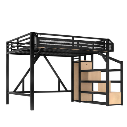 Bellemave Queen Size Loft Bed with Stairs and Wardrobe,Heavy Duty Metal Loft Bed Frame with Shelves,LED Lights and Charging Station for for Kids,Teens,Adults,Natural Wood
