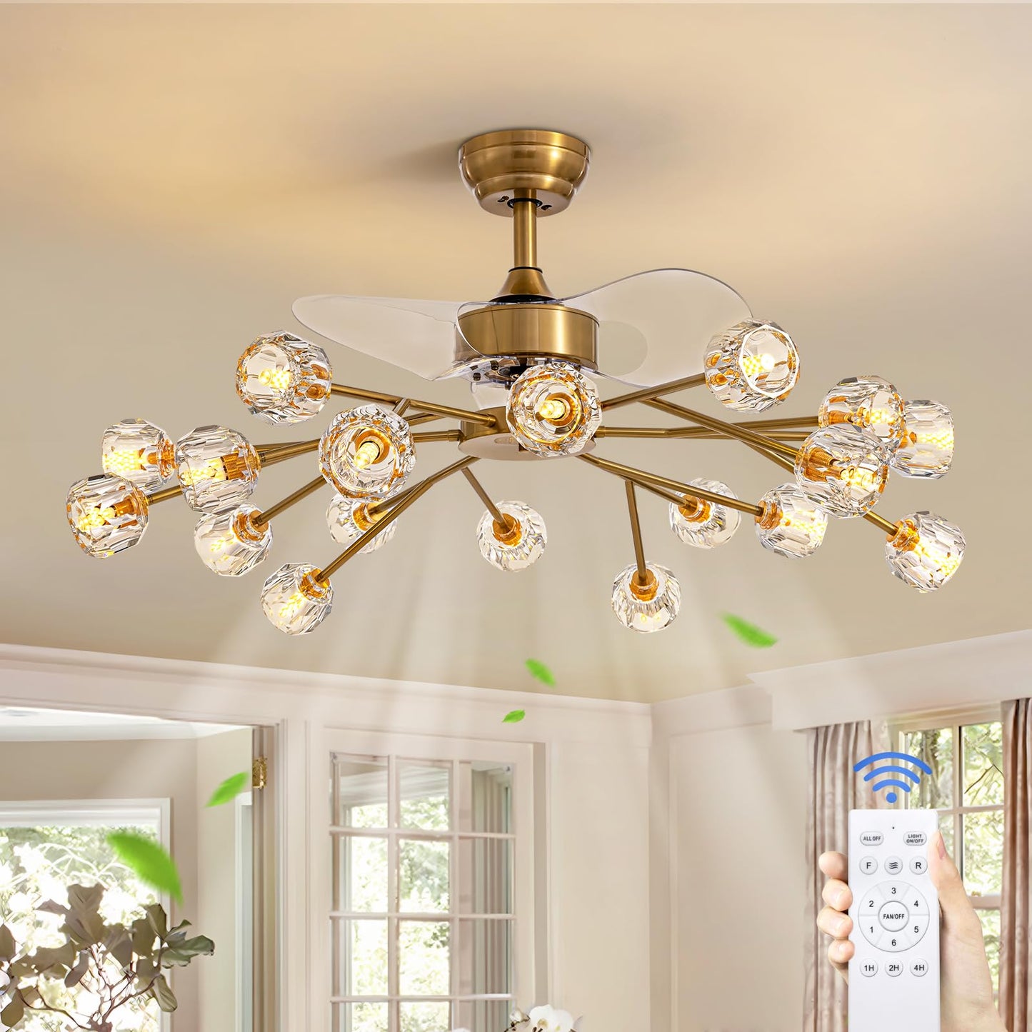 Siljoy 18 Lights Modern Crystal Ceiling Fan Light and Remote Control, Farmhouse Brass Gold Sputnik Crystal Fandelier, Reversible Ceiling Fan Light Kit for Living Dining Room Bedroom 42 Inches