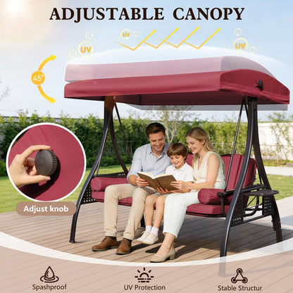 Mvpipi Outdoor Porch Patio Swing,3-seat Swing with Canopy,3 in 1 Convertible Swing Bed for Adults,Porch Swing with Stand,Bench Swing with Pillows & Cup Holder for Garden,Deck(Wine Red,Square Tube)