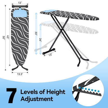 APEXCHASER Ironing Board Full Size, Iron Board with Silicon Rest, Foldable Ironing Boards Standard Size, Heavy Duty Iron Stand Boads, Ironing Table with 7 Height Adjustable Anti-Slip Feet, 13x43 Gray