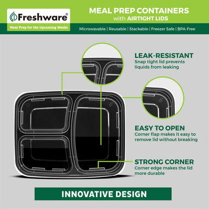 Freshware Meal Prep Containers [50 Pack] 3 Compartment Food Storage Containers with Lids, Bento Box, BPA Free, Stackable, Microwave/Dishwasher/Freezer Safe (24 oz)