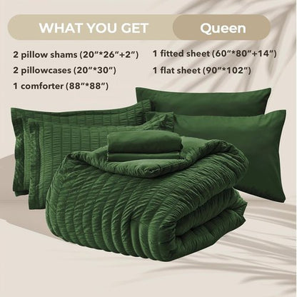 HYMOKEGE Queen Comforter Set - Dark Green Seersucker 7-Piece Luxury Bedding Set for All Seasons