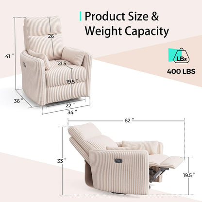 LINSY 360 Swivel Recliner Chair, Nursery Glider Rocking Chair with 2 Pillows, Corduroy Nursing Chair Comfy High Back Adult Rocker Recliner for Small Spaces, Nursery Bedroom Living Room (Beige)