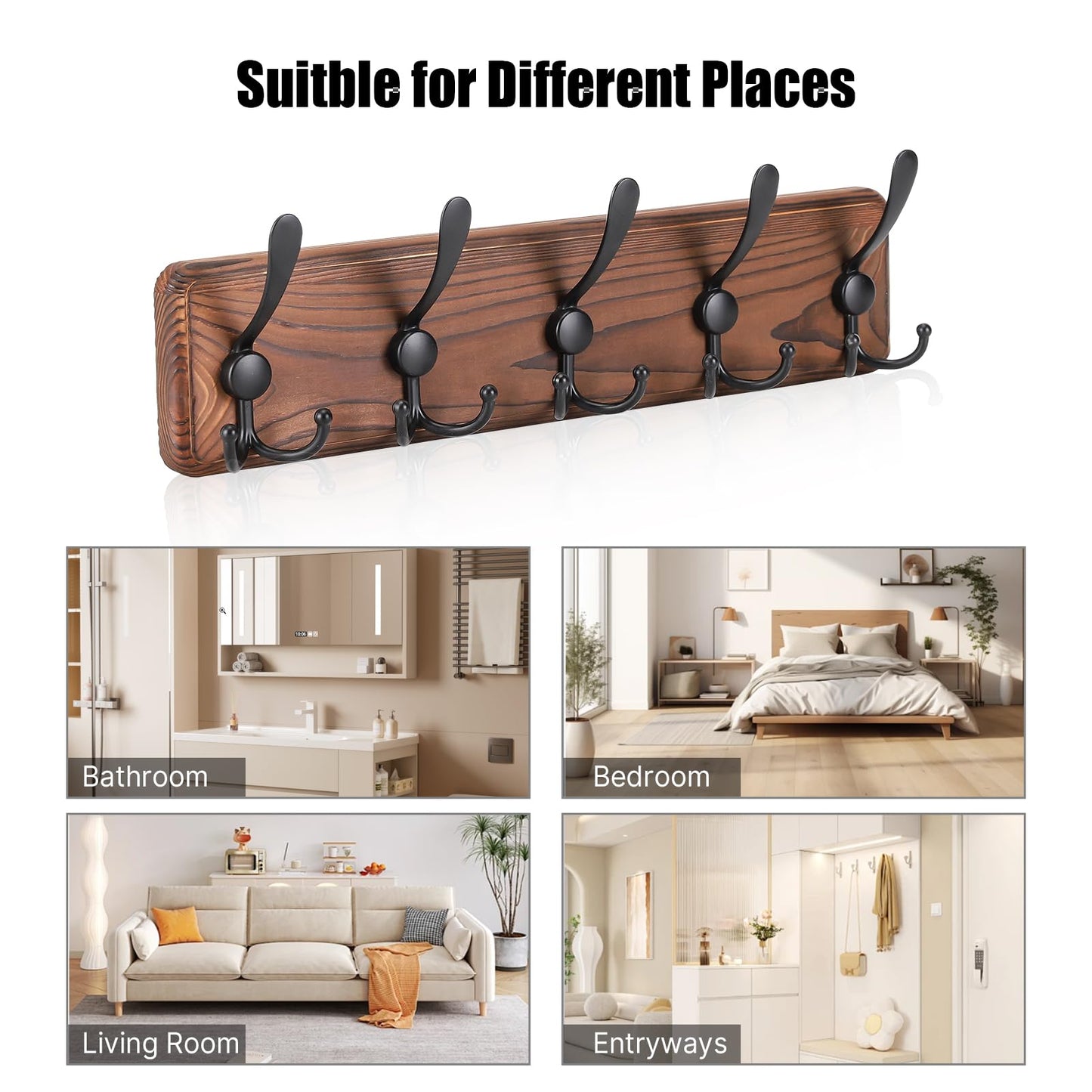 Gohiuo Rustic Wall Mount Coat Rack, Coat Hooks Wall Mount Wood Coat Rack with 5 Triple Hooks, Heavy Duty Wooden Wall Mounted Coat Hanger for Entryway, Farmhouse Hanging Coats, Hats, Bags,Towels