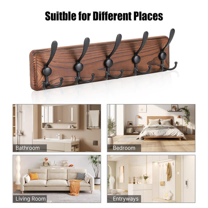 Gohiuo Rustic Wall Mount Coat Rack, Coat Hooks Wall Mount Wood Coat Rack with 5 Triple Hooks, Heavy Duty Wooden Wall Mounted Coat Hanger for Entryway, Farmhouse Hanging Coats, Hats, Bags,Towels