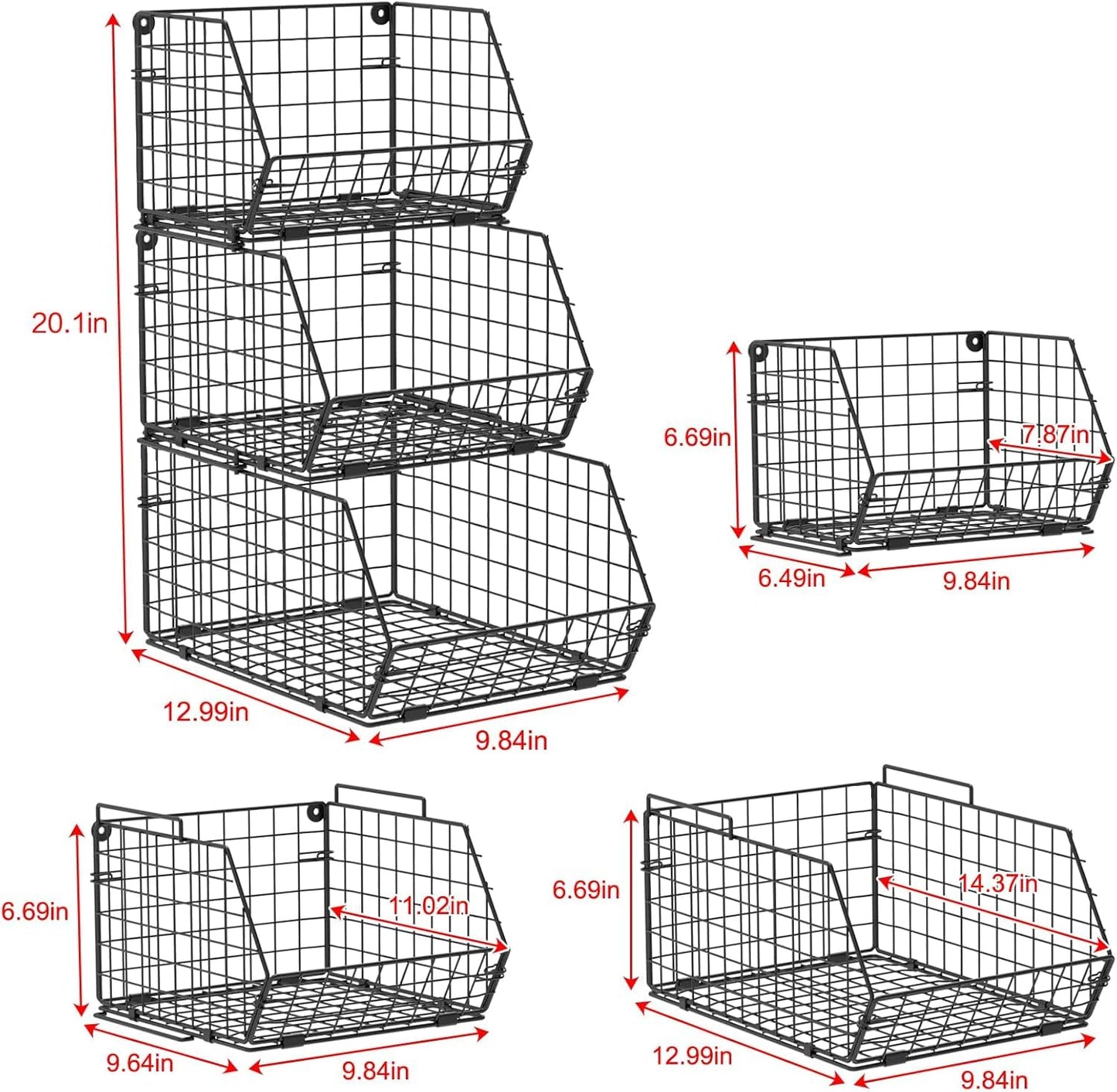X-cosrack Stackable Wire Baskets for Counter, Fruit and Vegetable Storage, Potato and Onion Storage Bin，Kitchen Pantry Organizer - Wall Basket for Produce/Snack/Can, 3-tier Large, Black