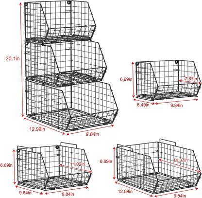 X-cosrack Stackable Wire Baskets for Counter, Fruit and Vegetable Storage, Potato and Onion Storage Bin，Kitchen Pantry Organizer - Wall Basket for Produce/Snack/Can, 3-tier Large, Black
