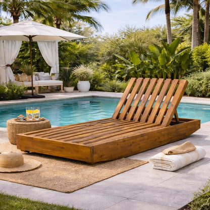 Christopher Knight Home Maril Acacia Wood Chaise Lounge Chair Outdoor, Adjustable Backrest Sun Lounger Recliner, Wooden Patio Sun Bathing Lounge Chair, Teak