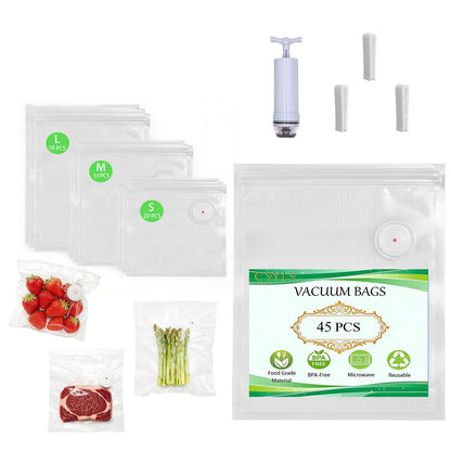 45 Pcs Reusable Vacuum Sealer Bags for Food with Hand Pump, BPA-Free Vacuum Storage Bags for Sous Vide Cooking & Meal Prep, Upgraded Air Valve Food Sealer Bags, Works with Handheld/External Sealers